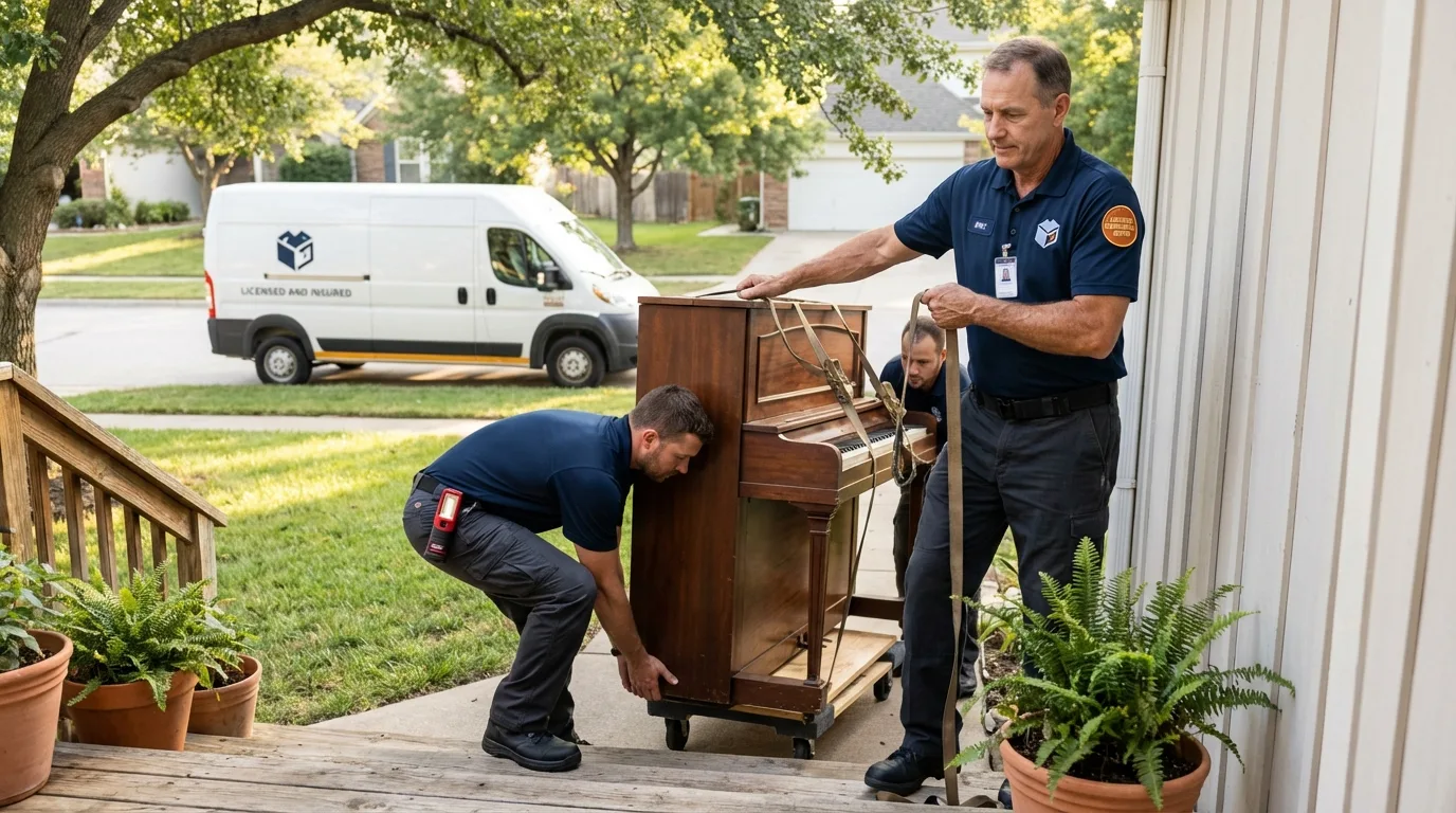 Licensed piano movers securing grand piano in Barnstead, NH