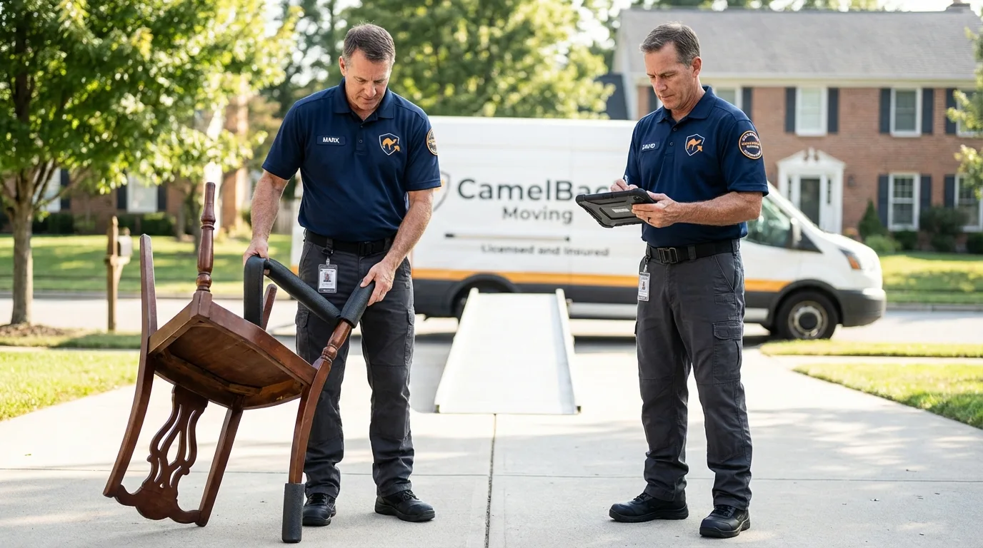 Movers inspecting furniture for damage prevention before loading in Barnstead, NH